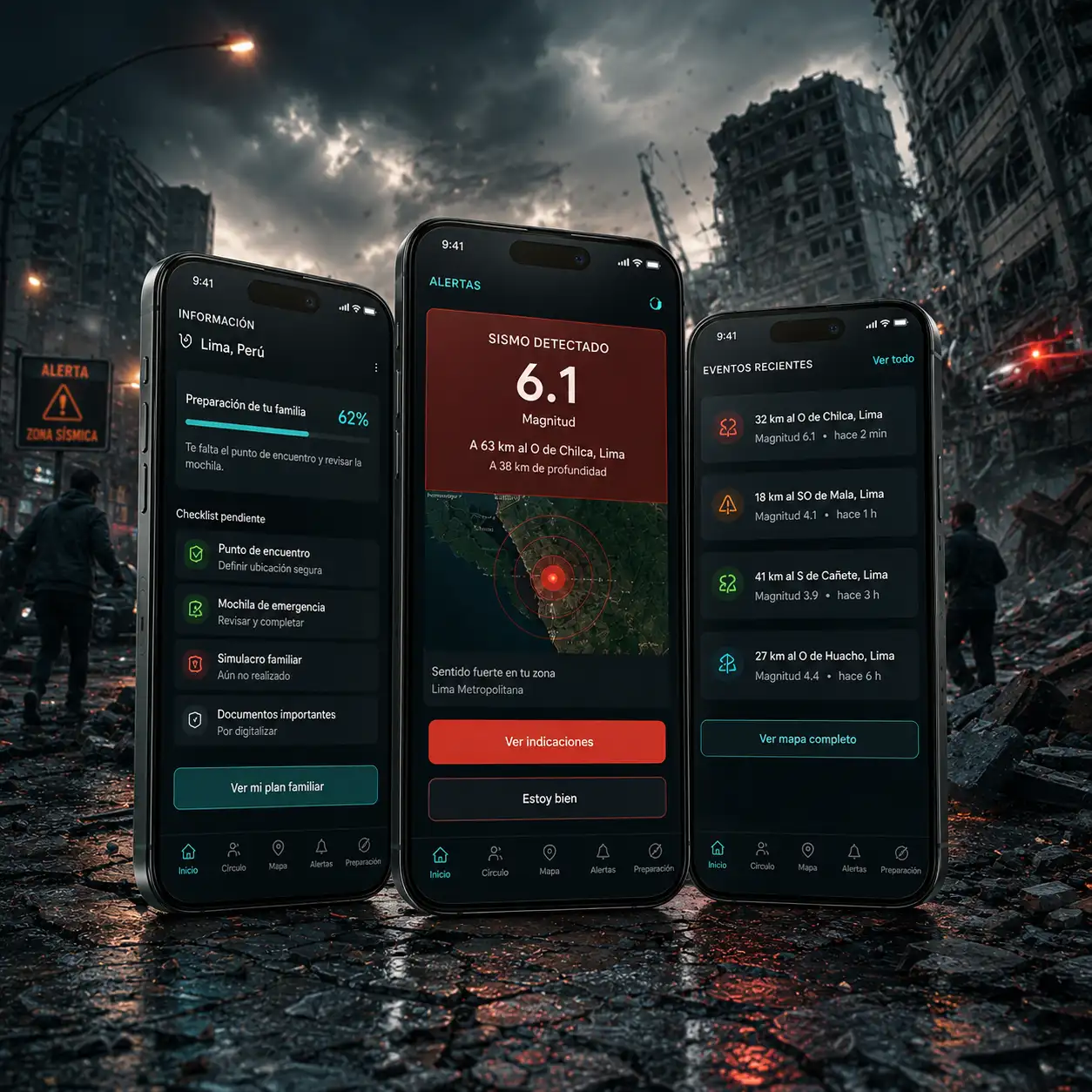 Tres pantallas de TerraPulse —informacion, alerta de sismo y eventos recientes— sobre una calle a oscuras despues de un terremoto.