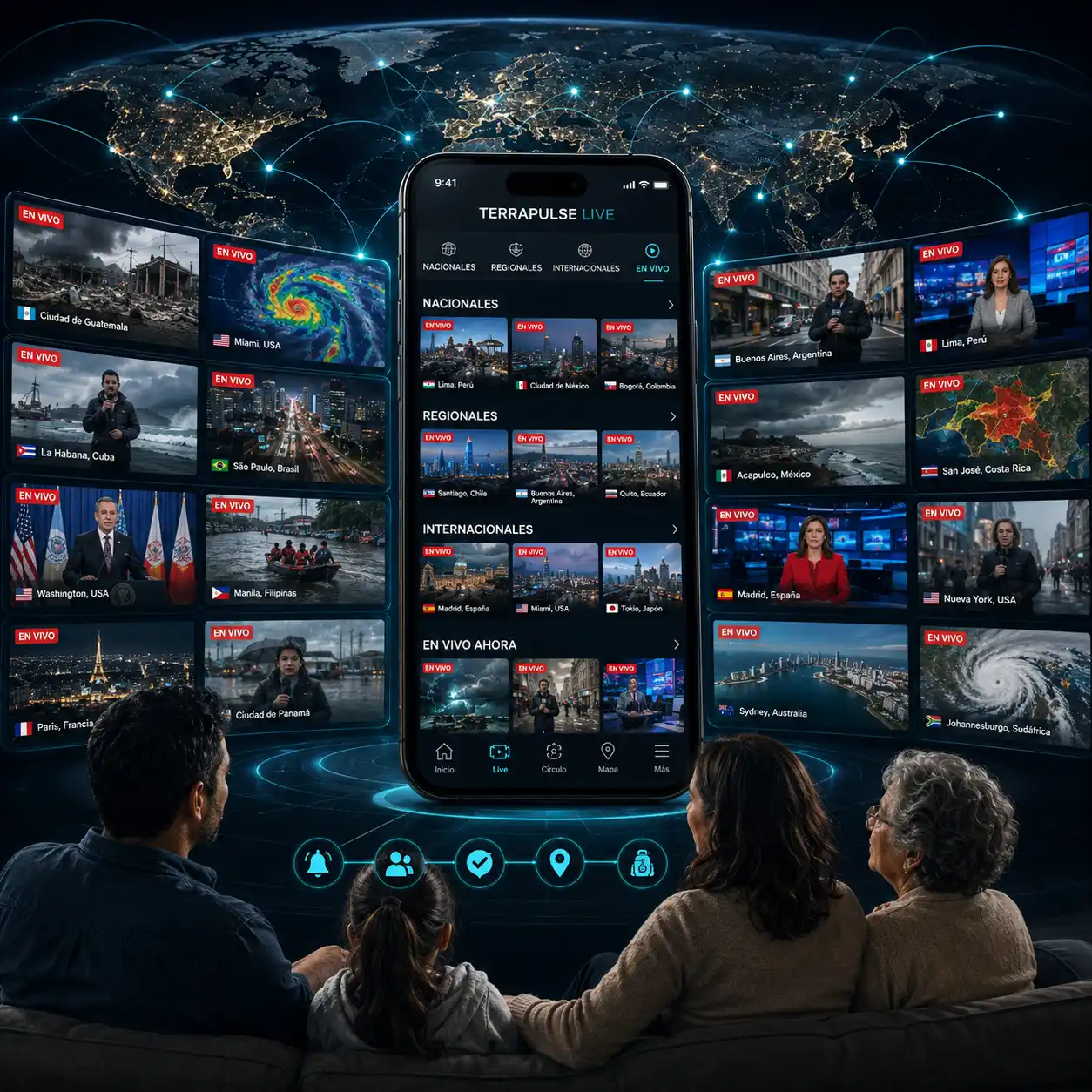 Una familia mirando TerraPulse Live: senales nacionales, regionales e internacionales en directo alrededor de un mapa del mundo.